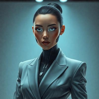 The primary subject of the image is a woman wearing a gray suit and a black tie. She is standing in front of a blue background, which adds a contrasting color to the scene. The visual style of the image is digital art, as it is a well-drawn and detailed illustration of the woman. The colors and mood of the image are predominantly gray and blue, creating a professional and sophisticated atmosphere.
